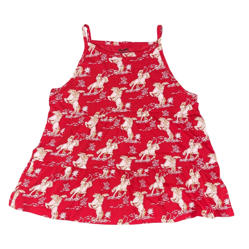 Wrangler Tiered Tank‎ Top Girls XL Red White Rodeo Horse Print Cotton 112364335